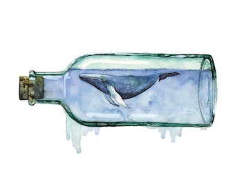 Watercolor Painting, Whale Painting, Whale Art, Whale in Bottle, Bottle Art, Whale Print, Beach Decor, Nautical, Print titled, "Sea Glass"