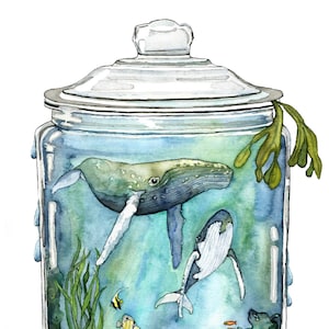 Watercolor Painting, Whale Painting, Terrarium, Whale in Bottle, Whale Art, Watercolor Print, Sea, Print titled, "Containing the Sea"