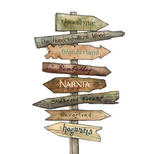 Storybook Signpost Print - Customizable Literary Signpost, Fantasy Signpost, Book Art, Storybook, Watercolor Signpost