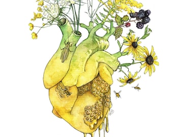 Watercolor Anatomical Heart Print – Botanical Human Heart Wall Art with Wildflowers & Bees, Science Inspired Home Decor
