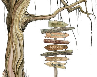 Storybook Signpost Tree Print - Customizable Literary Signpost, Fantasy Signpost, Book Art, Storybook, Watercolor Signpost