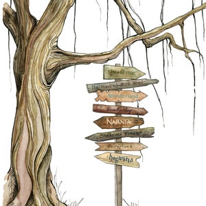 Storybook Signpost Tree Print - Customizable Literary Signpost, Fantasy Signpost, Book Art, Storybook, Watercolor Signpost