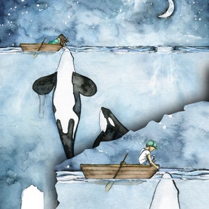 Orca Malerei, Aquarell Malerei, Walmalerei, Orca und Mädchen, Schwertwal, Wal-Kinderzimmer, Wal-Druck, Jungen und Mädchen-Versionen verfügbar Bild 3