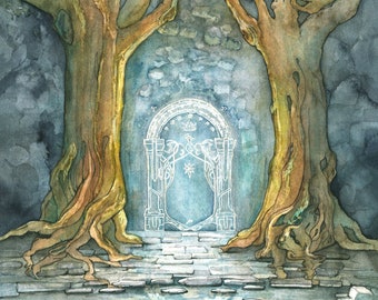 Dwarven Mines Painting, Watercolor Painting, Mines of Dwarf Lord, Fantasy Art, Doors of Durin, Fantasy Painting, West Gate, "Speak Friend...