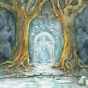 Dwarven Mines Painting, Watercolor Painting, Mines of Dwarf Lord, Fantasy Art, Doors of Durin, Fantasy Painting, West Gate, "Speak Friend...