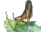 Mermaid Painting, Watercolor Painting, Mermaid Art, Mermaid Decor, Mermaid Print, Nursery Art, Waterlily, Print titled, "The River Guardian"