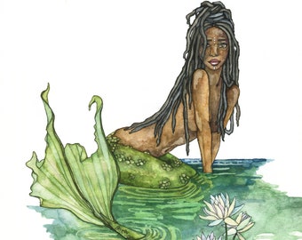 Mermaid Painting, Watercolor Painting, Mermaid Art, Mermaid Decor, Mermaid Print, Nursery Art, Waterlily, Print titled, "The River Guardian"