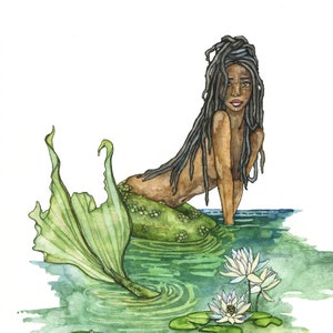Mermaid Painting, Watercolor Painting, Mermaid Art, Mermaid Decor, Mermaid Print, Nursery Art, Waterlily, Print titled, The River Guardian image 1