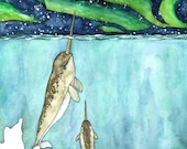 水彩画、イッカクの絵画、イッカク、イッカクのアート、クジラの育児室