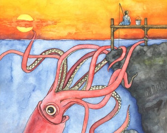 Squid Art, Watercolor Painting, Squid Painting, Squid and Boy, Giant Squid, Nursery Art, Nautical Art, Print titled, "Twilight Thievery"