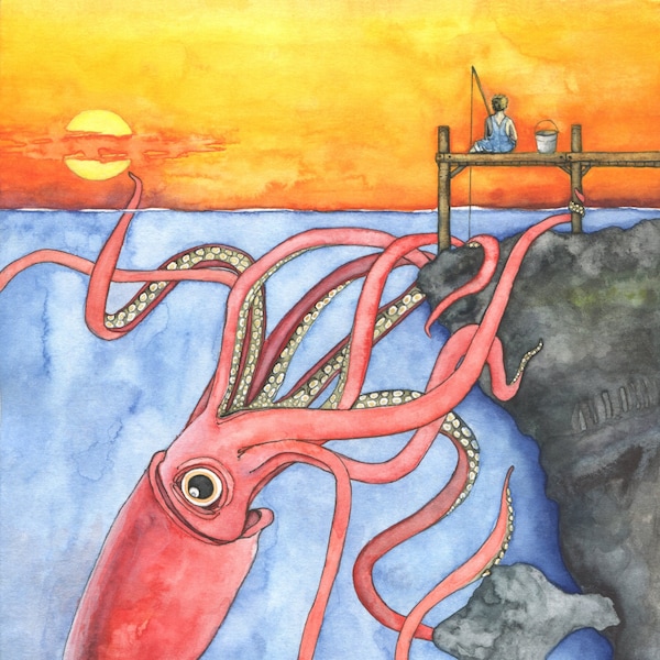 Squid Art, Watercolor Painting, Squid Painting, Squid and Boy, Giant Squid, Nursery Art, Nautical Art, Print titled, "Twilight Thievery"