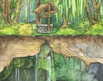 Wishing Well Painting - Print of Wishing Well in Enchanted Forest, Fantasy Art, Fairytale Art, Watercolor Painting