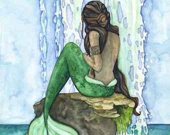 Mermaid Painting, Watercolor Painting, Mermaid Art, Mermaid Decor, Mermaid Print, Nursery Art, Waterfall Painting, Print titled, "Cascade"