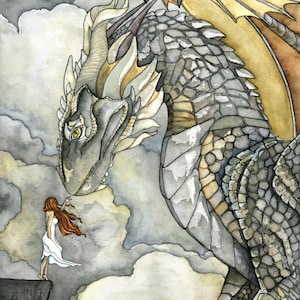 Dragon Painting, Dragon Art, Fantasy Art, Fantasy Painting, Watercolor Painting, Art Print, Dragon and Girl, Print titled, "Stormblessed"