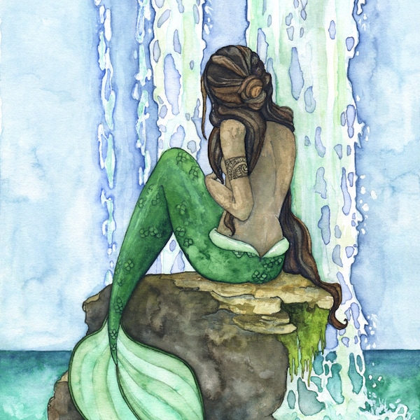 Peinture de sirène, peinture à l’aquarelle, art de sirène, décor de sirène, impression de sirène, art de pépinière, peinture de cascade, estampe intitulée, « Cascade »