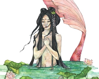 Mermaid and Lotus Painting - Print of Watercolor Mermaid, Asian Mermaid, Fantasy Art, Beach, Print titled "Lotus Pond"
