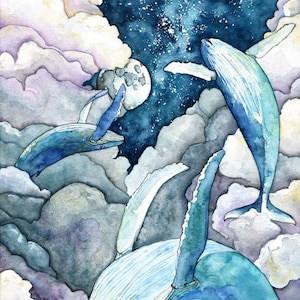 Whale Painting, Watercolor Painting, Whale Print, Night Sky, Whale Art, Whale Nursery, Humpback, Sky Whales, Print titled, "Faraway Skies"