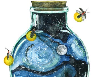 Galaxy Painting, Watercolor Painting, Night Sky, Bottle, Galaxy, Stars, Moon, Firefly, Watercolor Print, Print titled,"Bottling the Stars"