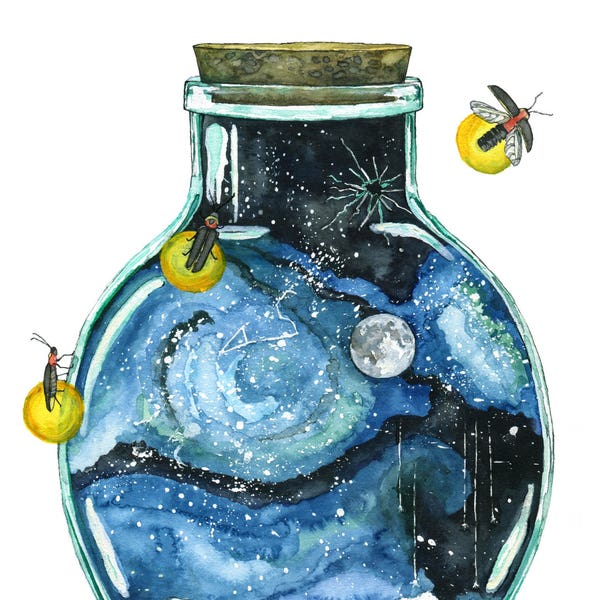 Galaxy Painting, Watercolor Painting, Night Sky, Bottle, Galaxy, Stars, Moon, Firefly, Watercolor Print, Print titled,"Bottling the Stars"