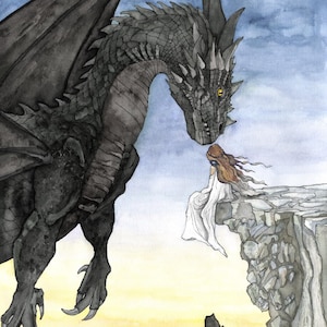 May include: A black dragon with yellow eyes looks down at a woman in a white dress sitting on a cliff edge. The dragon's wings are spread out behind it. The scene is painted in watercolor and has a soft, dreamy feel.
