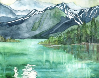 Mountain Lake Painting - Print of Mountain Landscape, Forest Print, Watercolor Landscape, Abstract Art