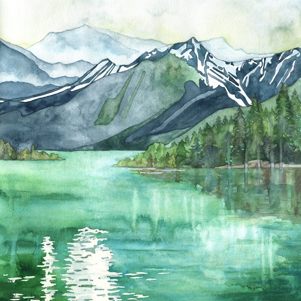 Mountain Lake Painting - Print of Mountain Landscape, Forest Print, Watercolor Landscape, Abstract Art