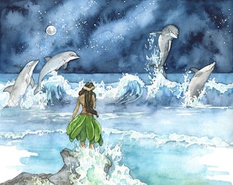 Dolphin Watercolor Painting - Print of Dolphins and Girl, Dolphin Painting, Nursery Art, Beach Art, Hawaiian Art, Hula, Dolphin Art, Ocean