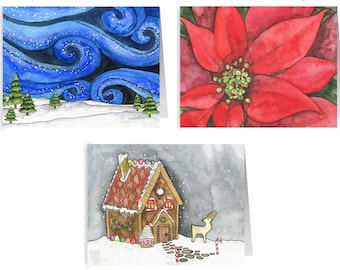 Set of 6 Christmas Cards - Blank Cards, Holiday Cards, Gingerbread House, Poinsettia, Wintery Night