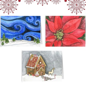 Set of 6 Christmas Cards - Blank Cards, Holiday Cards, Gingerbread House, Poinsettia, Wintery Night