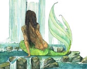 Mermaid in Waterfalls Painting - Print of Watercolor Mermaid, Black Mermaid, Fantasy Art, River, Print titled "Siren Falls"