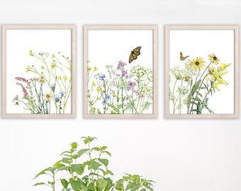 Wildflower Set of 3 Prints - Watercolor Flower Field, Botanical Painting, Botanical Print, Wildflower Field Art, Nursery Art