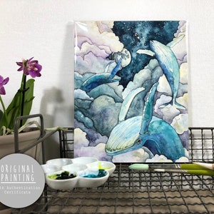 Original Watercolor Whale Painting - Painting titled, "Faraway Skies", Original Art, Original Painting