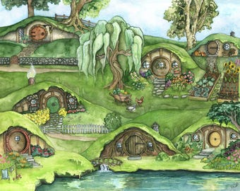 Fantasy Hillside Home - Watercolor Cozy Hill Landscape, Fantasy Art Print, Bag End Art, Fantasy Room Decor, Cottagecore Painting