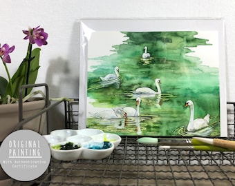 Original Watercolor Painting - Painting titled, "Swan Lake", Original Art, Original Painting