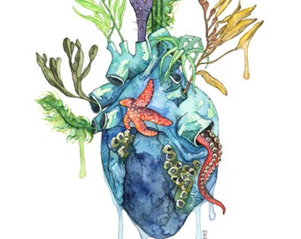 Watercolor Painting, Anatomical Heart, Anatomical Heart Print, Heart, Human Heart, Ocean Heart, Ocean Painting, Sea,Print title"Overflowing"