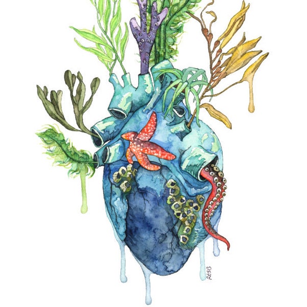 Watercolor Painting, Anatomical Heart, Anatomical Heart Print, Heart, Human Heart, Ocean Heart, Ocean Painting, Sea,Print title"Overflowing"