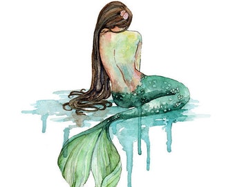 Mermaid Painting, Watercolor Painting, Mermaid Print, Mermaid Decor, Mermaid Art, Nursery Art, Ocean Art, Beach, Print titled, "The Mermaid"