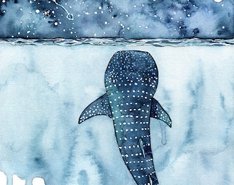 Watercolor Painting, Whale Shark Painting, Whale Painting, Whale Print, Whale Art, Whale Print, Beach Decor, Print titled, "Stars Collide"