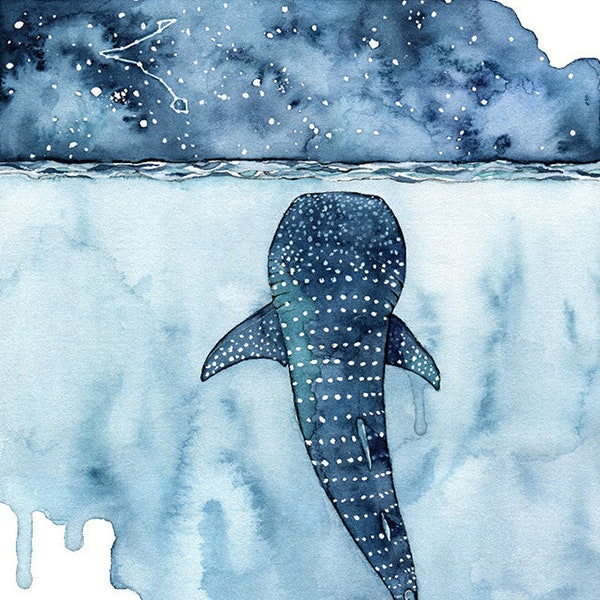 Watercolor Painting, Whale Shark Painting, Whale Painting, Whale Print, Whale Art, Whale Print, Beach Decor, Print titled, "Stars Collide"