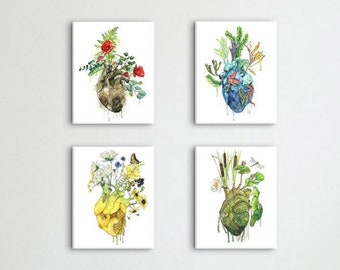 Anatomical Heart Set of 4 - Watercolor Prints, Botanical Paintings, Botanical Print, Plant, Body Painting, Anatomy