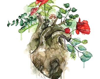 Watercolor Painting, Anatomical Heart, Anatomical Heart Print, Botanical, Human Heart, Heart, Watercolor Flowers, Print titled "Overgrown"