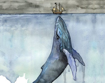 Walmalerei, Aquarellmalerei, Waldruck, Wal und Boot, Walkunst, Walkindergarten, Buckelwal, Drucktitel: „Fathoms Below“