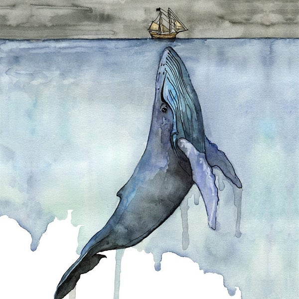 Whale Watercolor Print- Ocean Wall Art, Coastal Whale Painting, Whale Nursery Decor, Whale and Sailboat Painting, Eco Friendly Fine Art Gift