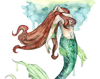 Mermaid Painting, Watercolor Painting, Mermaid Print, Mermaid Tail, Mermaid Art, Mermaid Decor, Beach Decor, Print titled,"To the Surface"