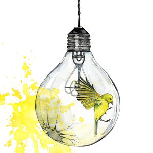 Watercolor Painting, Light Bulb Painting, Watercolor Print, Bird, Paint Splatter, Light Bulb Art, Bird Print, Print titled, "Shattering"