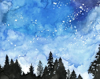 Watercolor Painting, Galaxy Painting, Night Sky, Galaxy Print, Stars, Starry Night, Watercolor Print, Night Sky Print,Print titled, "Galaxy"