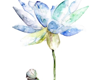 Lotus Painting - Print from Original Watercolor Painting, "Lotus", Spring Flower, Botanical, Garden, Blue Flower, Watercolor Flower