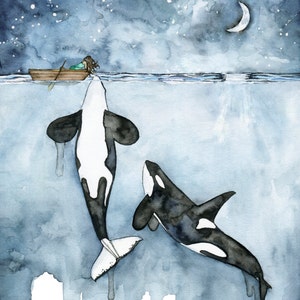 Orca Malerei, Aquarell Malerei, Walmalerei, Orca und Mädchen, Schwertwal, Wal-Kinderzimmer, Wal-Druck, Jungen und Mädchen-Versionen verfügbar Bild 1