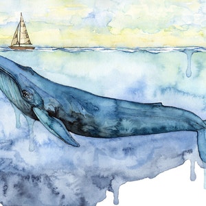 Whale Painting - Print of Blue Whale under Sailboat, Watercolor Painting, Whale Art