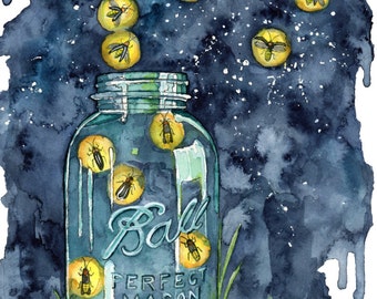 "Aquarell Firefly Glas Gemälde - Druck mit dem Titel: ""Eine Sommernacht"" Leuchtkäfer, Leuchtkäfer Aufkleber, Nachthimmel, Einmachglas, Glühwürmchen Glas."